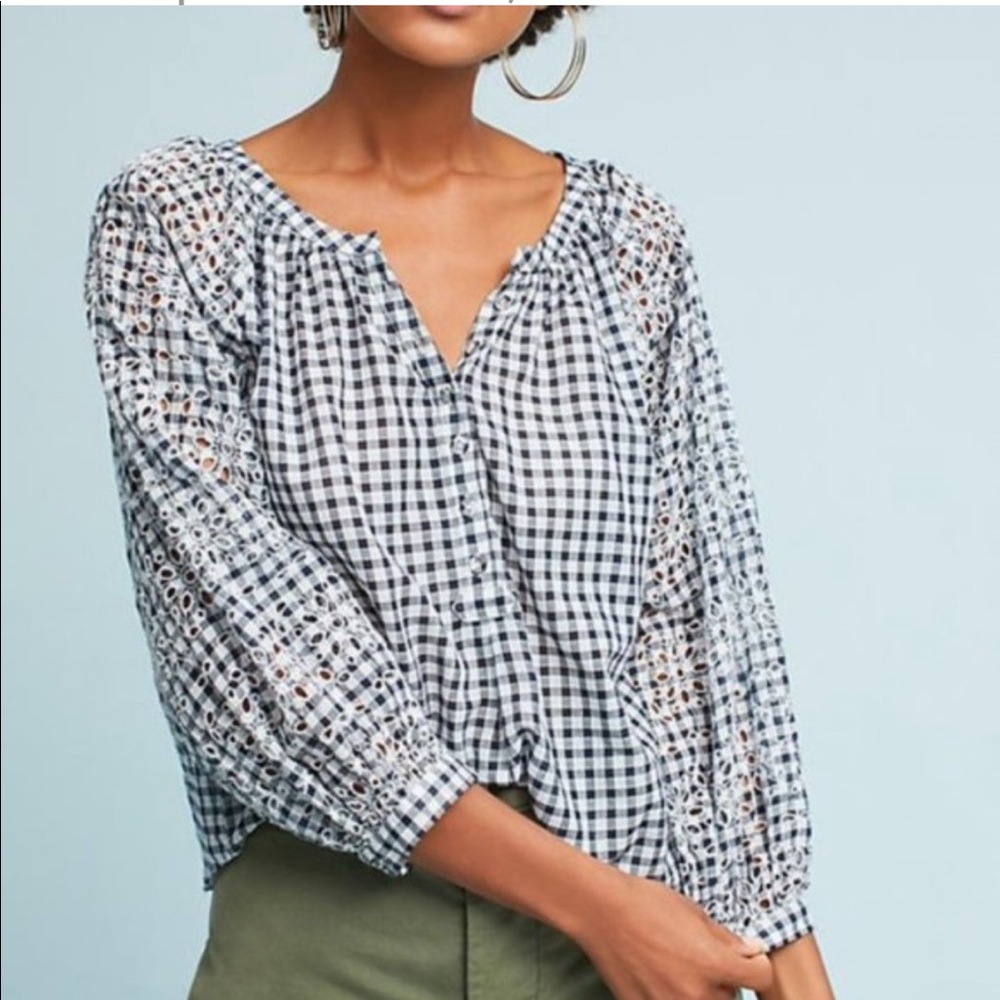 Akemi + kin gingham embroidered sleeve blouse M